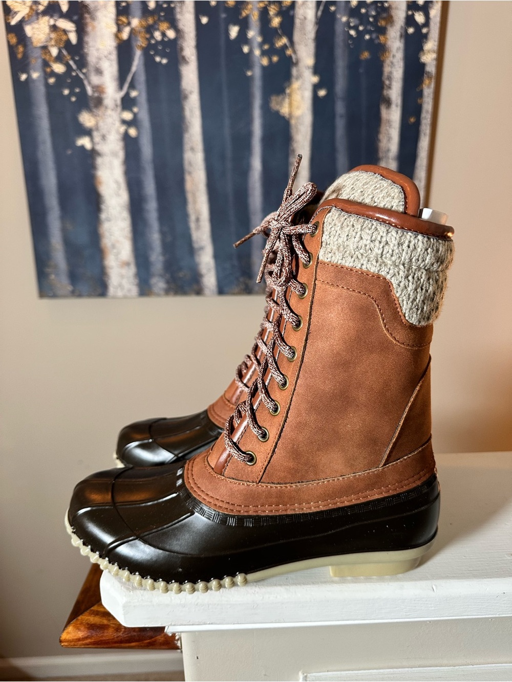 Charlotte Russe Brown and Black Lace-Up Duck Boots with Knit Collar